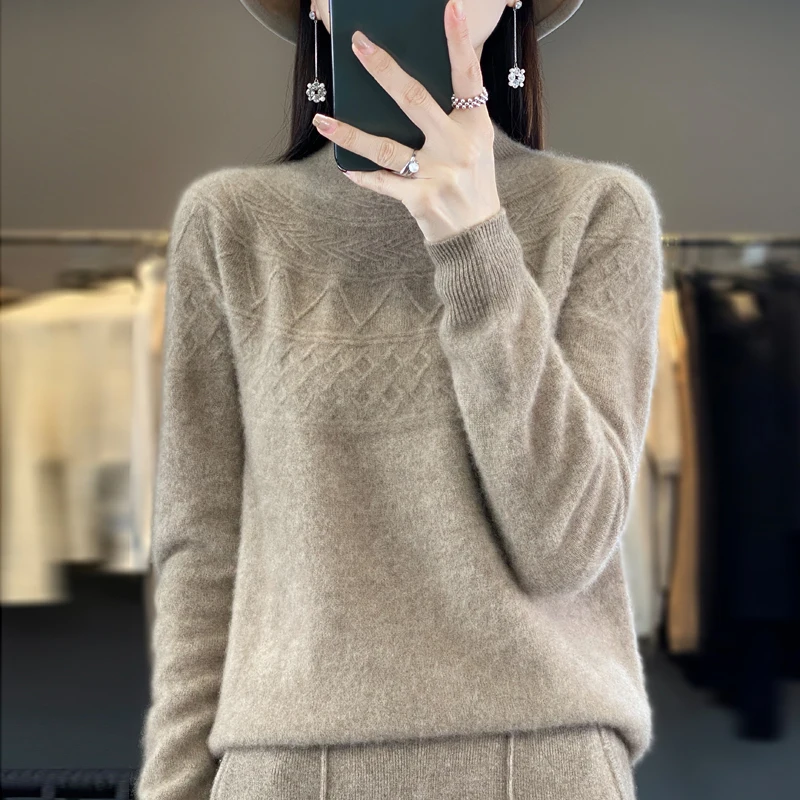 New 100% Cashmere Sweater Women's Mock Neck Pullover Long Sleeve Loose Fashion Cashmere Sweater Women's Autumn And Winter