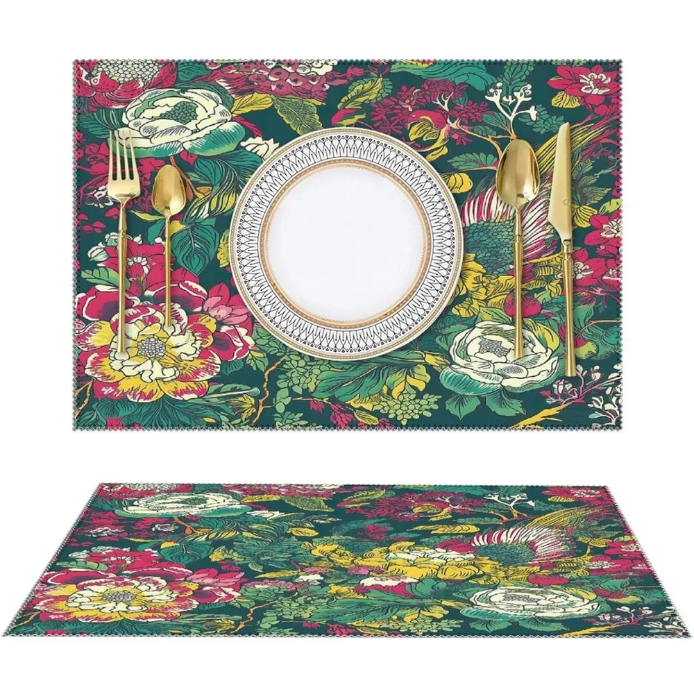 

Red Peony Floral Placemats Coffee Plate Mat Washable Heat Resistant Cloth Place Mats 12x18 Inch Dinner Placemats