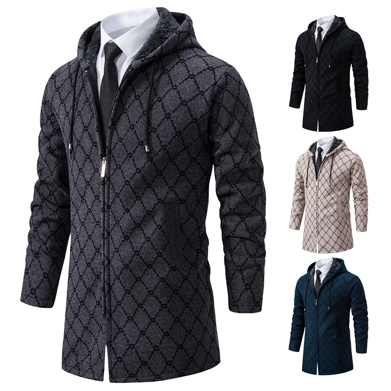 Male Knit Trench Coat Long Zipper Cardigan Winter Autumn New Sweater Long Jackets Korean Men's Luxury Parkas Hooded Overcoat