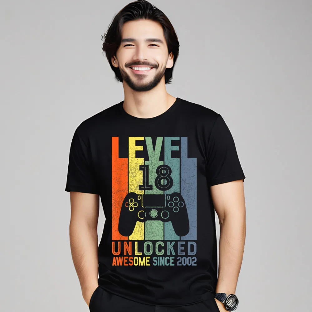 Letter Tshirts Cute O-Neck Level 18 Unlocked Awesome Since 100% Cotton Mens Tees Family Short Sleeve Tee-Shirts