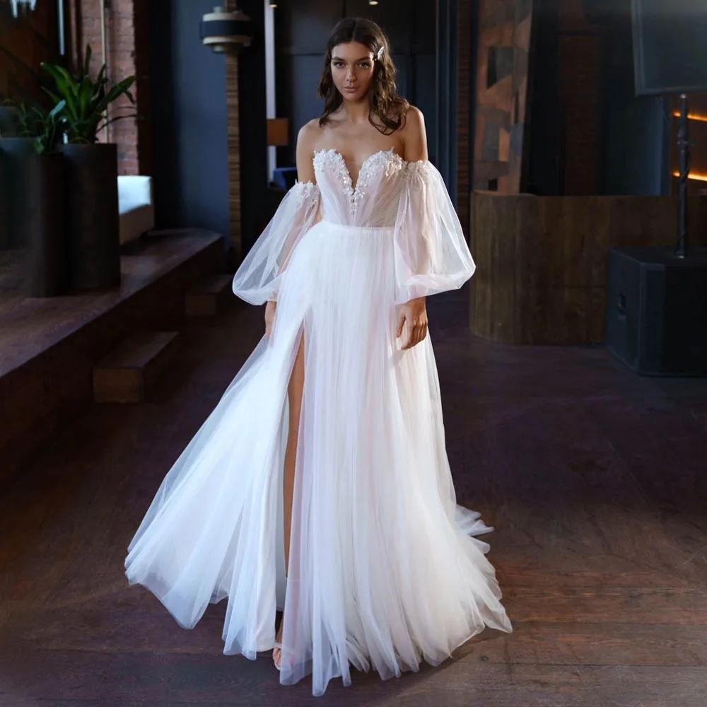 

Boho Wedding Dresses for Women 2023 Bride V Neck Puff Sleeves Gowns Long White Tulle Side Slit Applique Bridal Dress