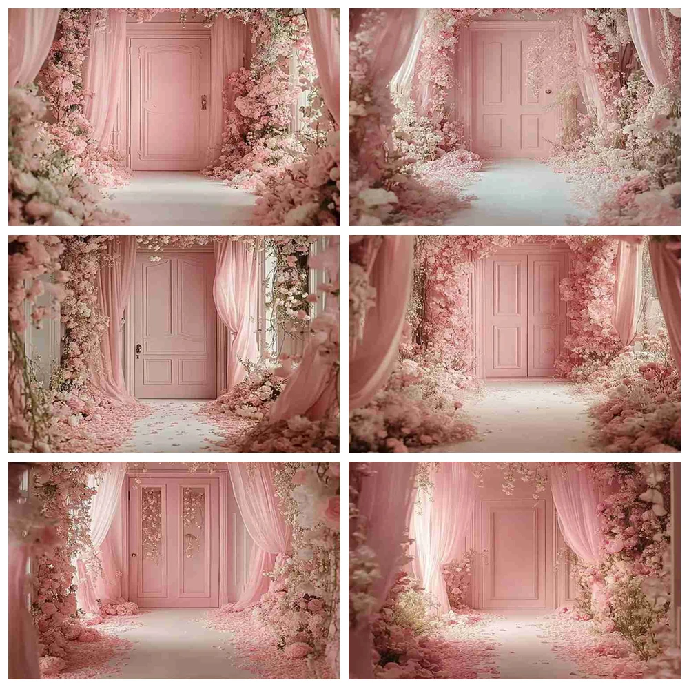 

Pink Curtain Flowers Wedding Party Decor Backdrop Floral Bridal Shower Maternity Portrait Photography Background Photo Studio