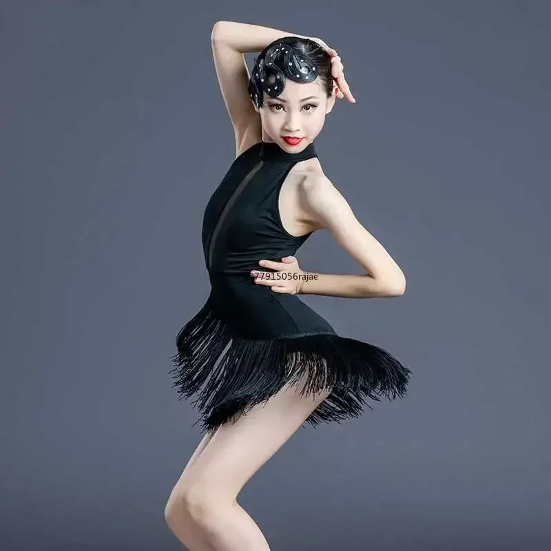 Robe de danse latine noire sexy pour filles, robes de danse de salon de compétition professionnelle, gland plus riche, vêtements de danse de valse Go Cha-cha, enfants