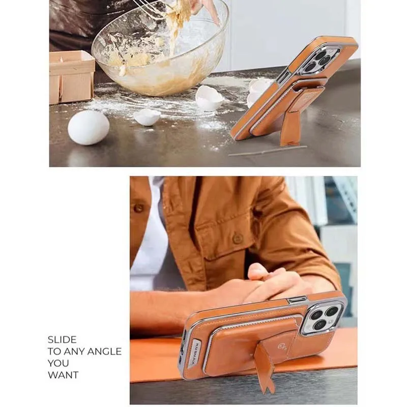 for iPhone 16 15 14 Plus 13 12 Pro Max Case Luxury PU Leather Back Cover with Hole Removable Magnetic Card Pocket Foldable Stand