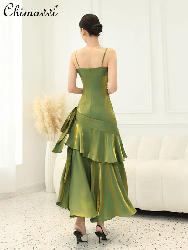 

Green Sleeveless Sling Dresses Summer 2025 French Elegant High-End Luxury Ruffle Spliced Slim Fishtail Long Evening Dress Women