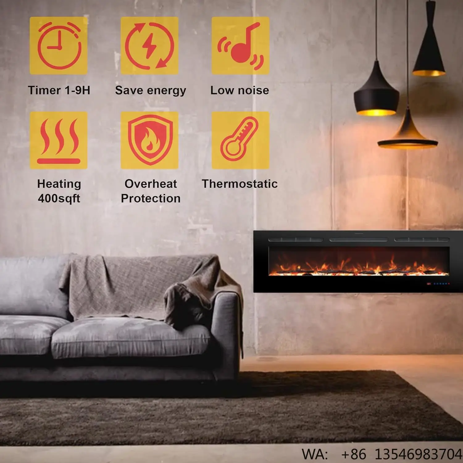 Kalsubo 50 inch recessed and wall mounted electric fireplace heater for indoor use. Equipped with remote control