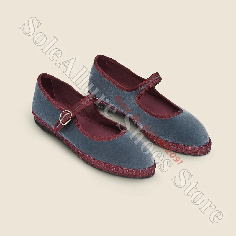 Dusty Blue Velvet Mary Jane Flat Shoes Burgundy Contrast Stitching Adjustable Buckle Strap Espadrille Edge Vintage Soft Flats