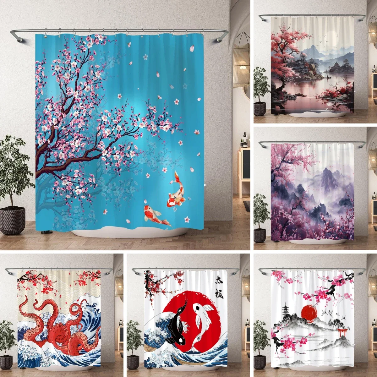 Japanese Cherry Blossom Watercolour Print Shower Curtain Koi Waves Chinese Ink Painting Polyester Shower Curtains Bathroom Decor