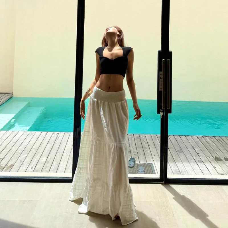 White A-Line Midi Skirt Women's High-Low Waist Loose Fit Versatile Tall Size Half Body Skirt Two-Way Wear Summer Long Skirt
