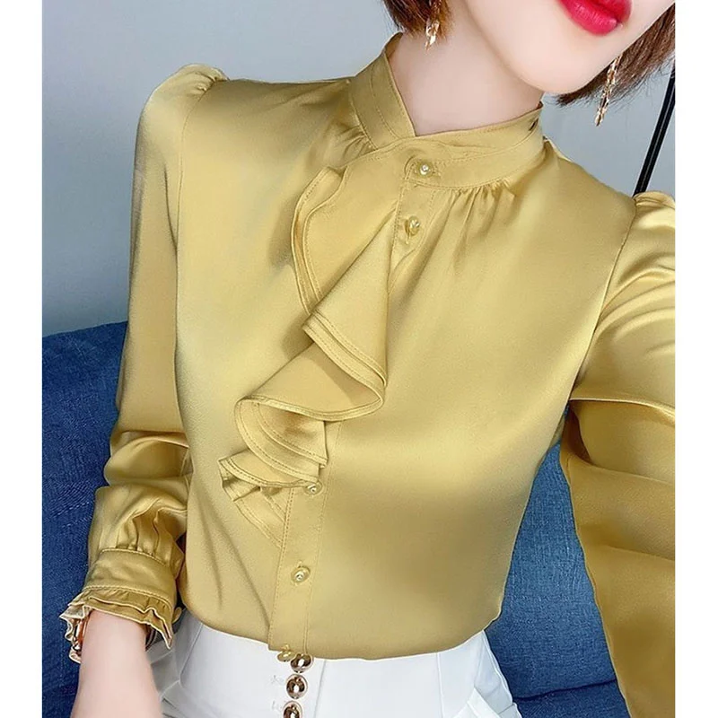 Różowa satynowa koszula damska 2026 Nowy projekt na wiosnę i jesień Modna elegancka koszula bazowa Zapinana na guziki Bluzka z długim rękawem