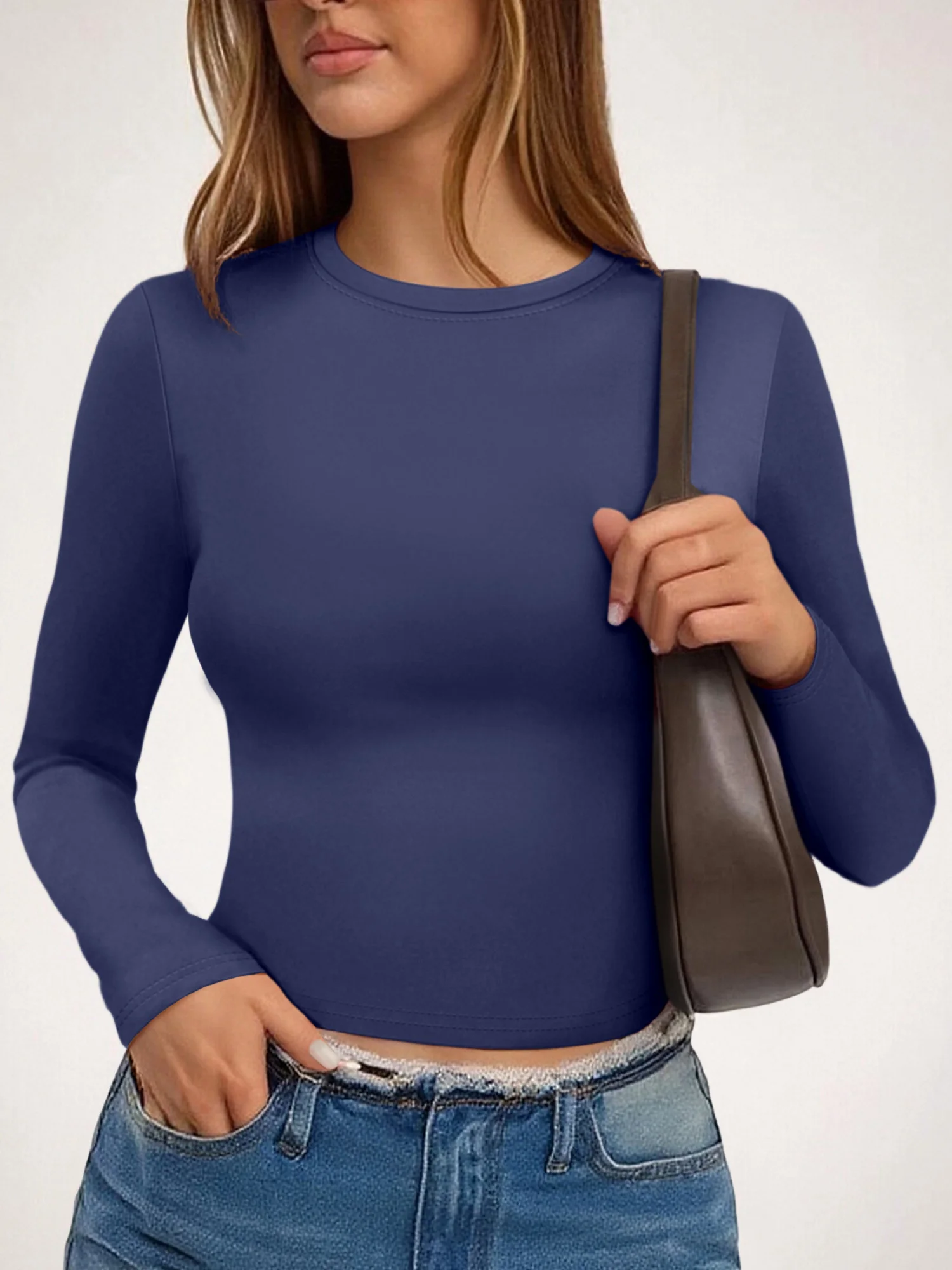 Lightweight Fitted Crop Undershirt, Round Neck Long Sleeve Blouse to Match Jackets & Blazers