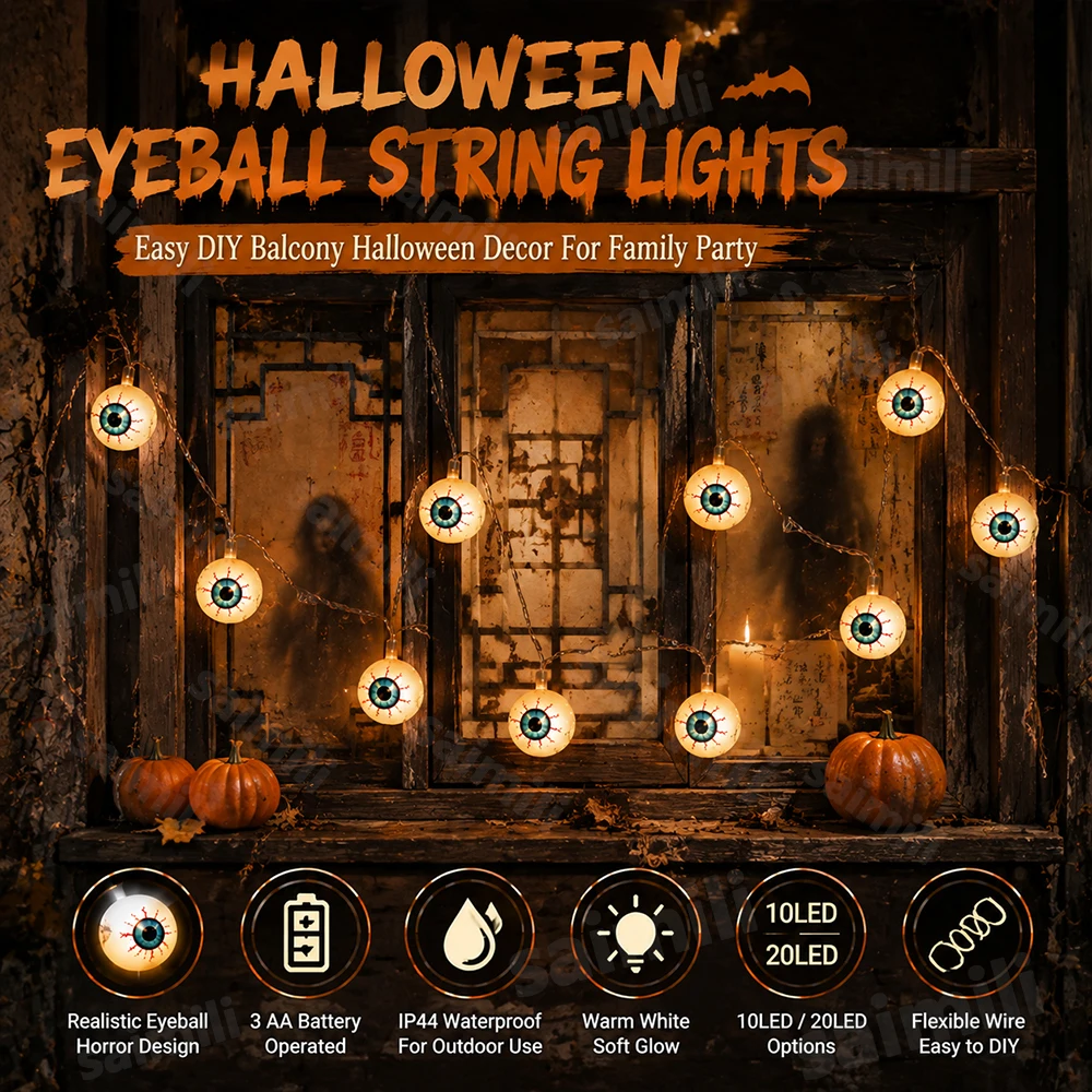 Halloween Creepy Eyeball LED String Lights Battery Operated Warm White Glowing Eye For Home Balcony Window Holiday Party Decor