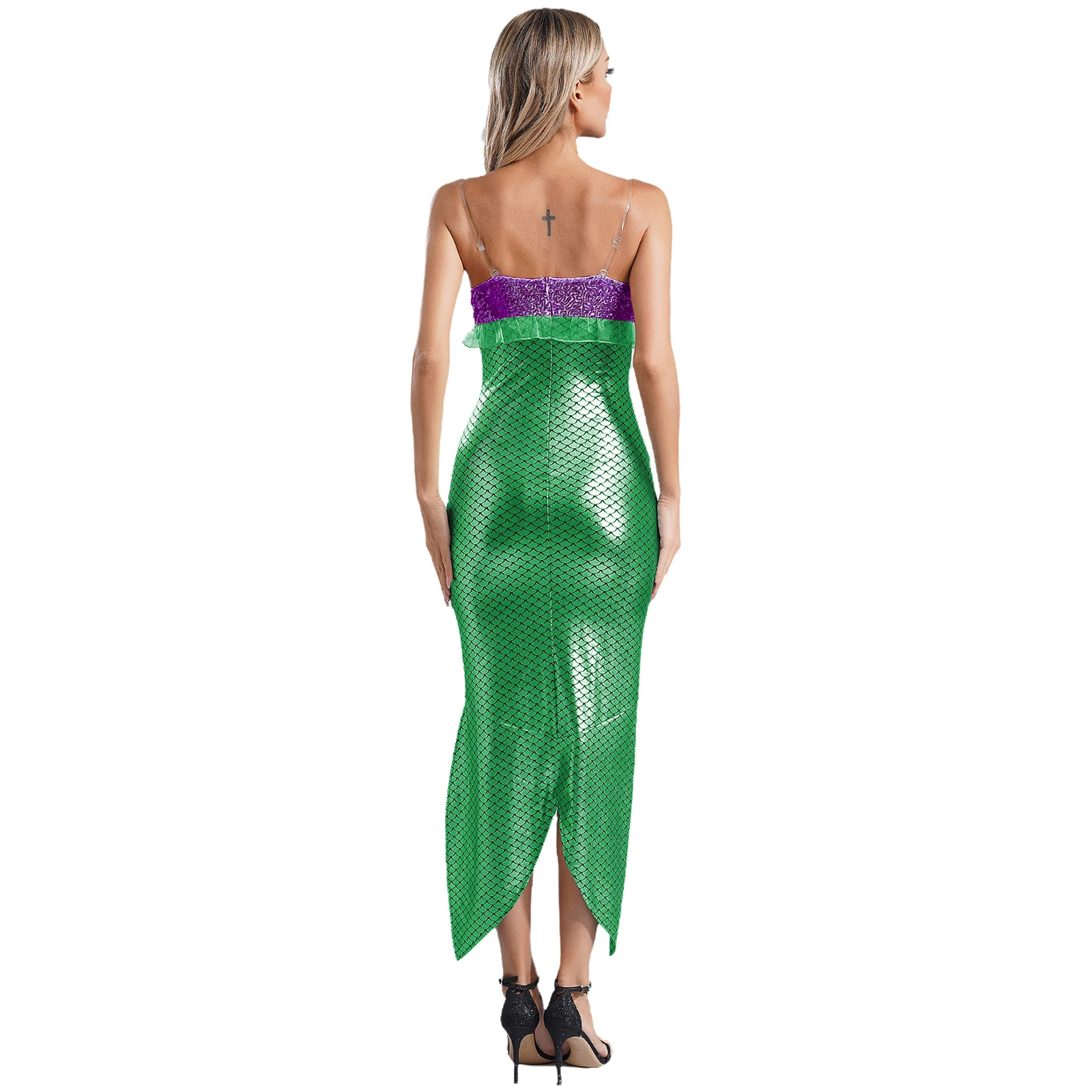 Womens Sexy Mermaid Costume Halloween Fancy Dress Up Sleeveless V Neck Sequin Bodycon Fishtail Dress Club Party Rave Dancewear