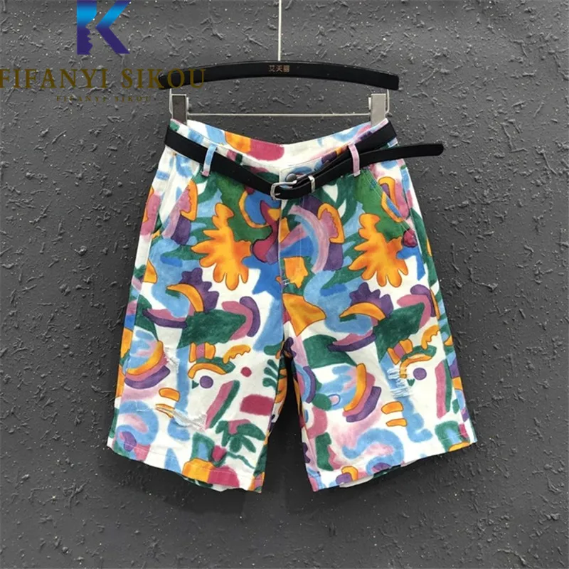 Graffiti Print Jeans Shorts Women Streetwear Summer Loose High Waist Knee Length Shorts Pocket Casual Denim Short Pants Female