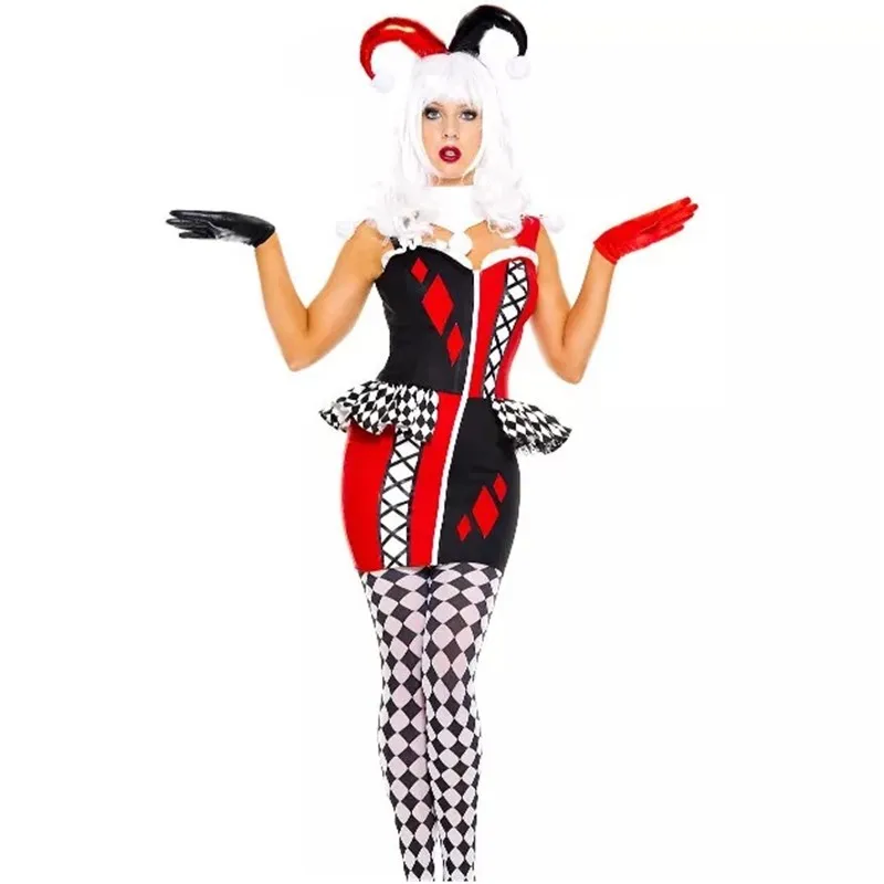 Sexy Adult Circus Jester Naughty Harlequin Clown Costume Cosplay Halloween Quinn Honey Joker Party Dress