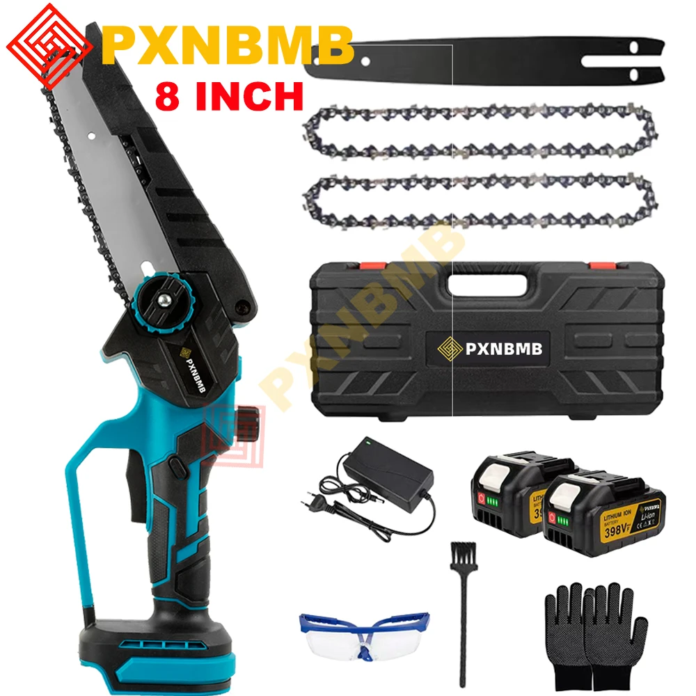 

8 Inch Brushless Electric Saw 2PCS Chains Cordless Woodworking Garden Pruning Chainsaw Set For Makita 18V Battery Pin EU Adapter