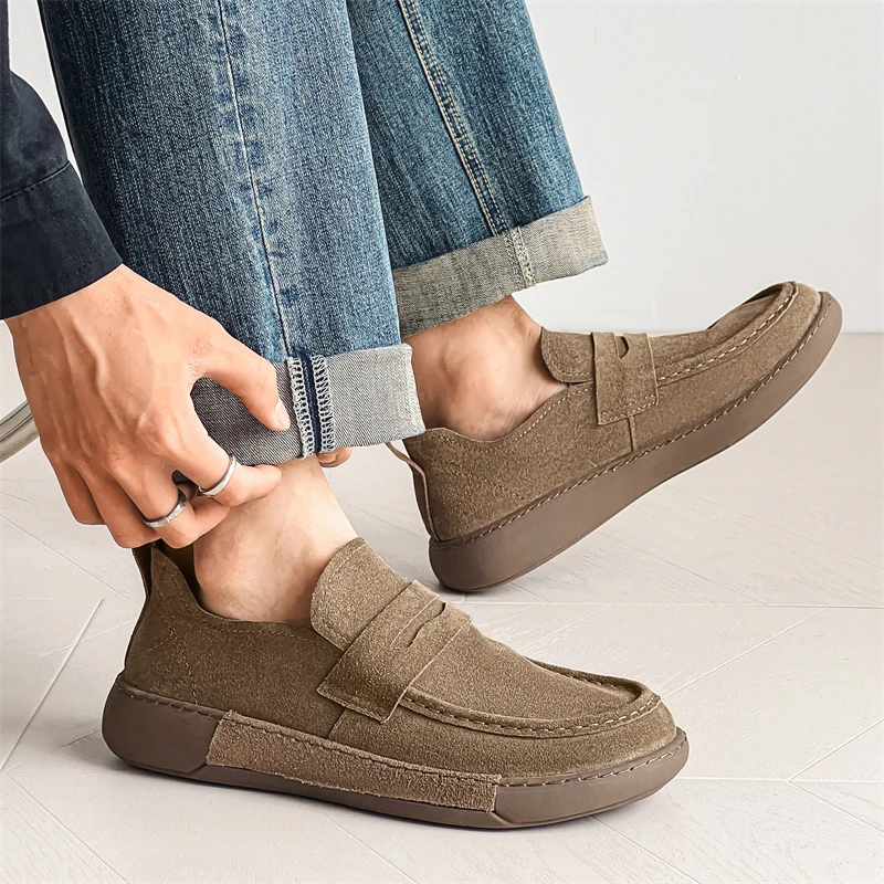Spring Classic Loafers Men Sneakers Slip on Genuine Leather Casual Men Shoes Breathable Suede Leather Anti-skid Walking Footwear