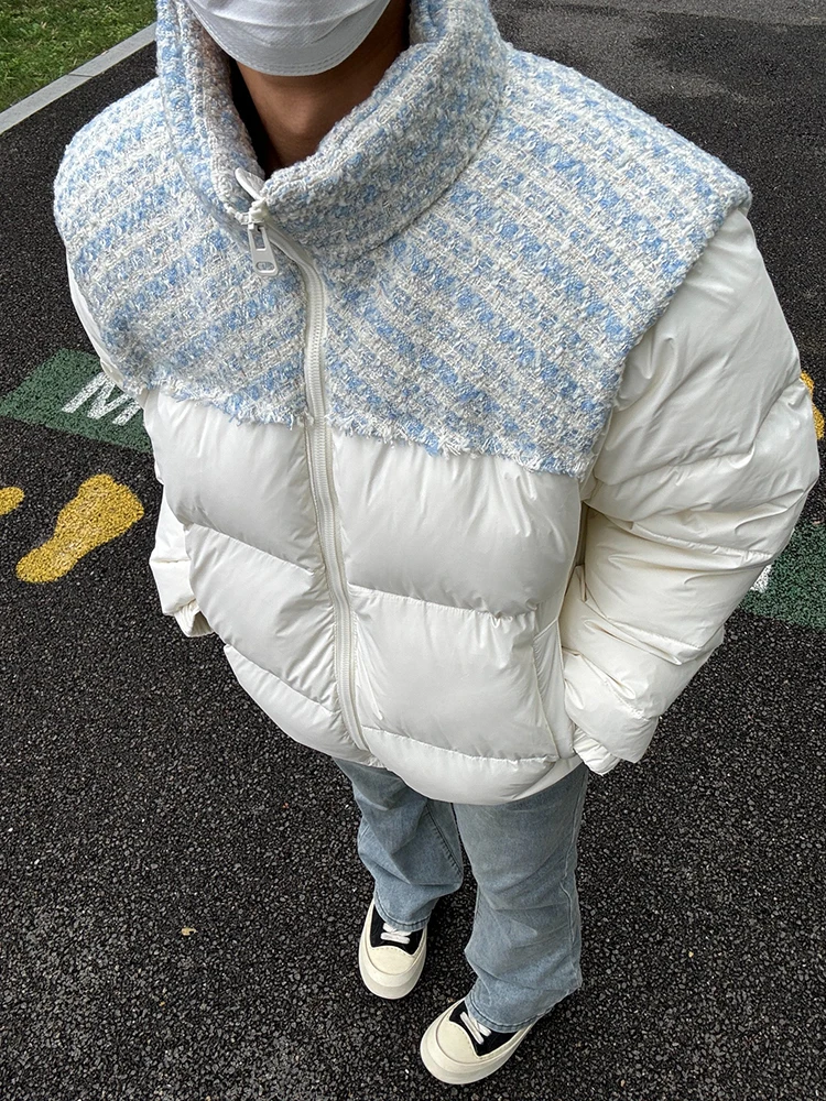 Thiened White Patchwork Stand Collar Men's Cotton Jaet Warm Bread Sle Coat Youth Casual Winter Outerwear Cleanfit