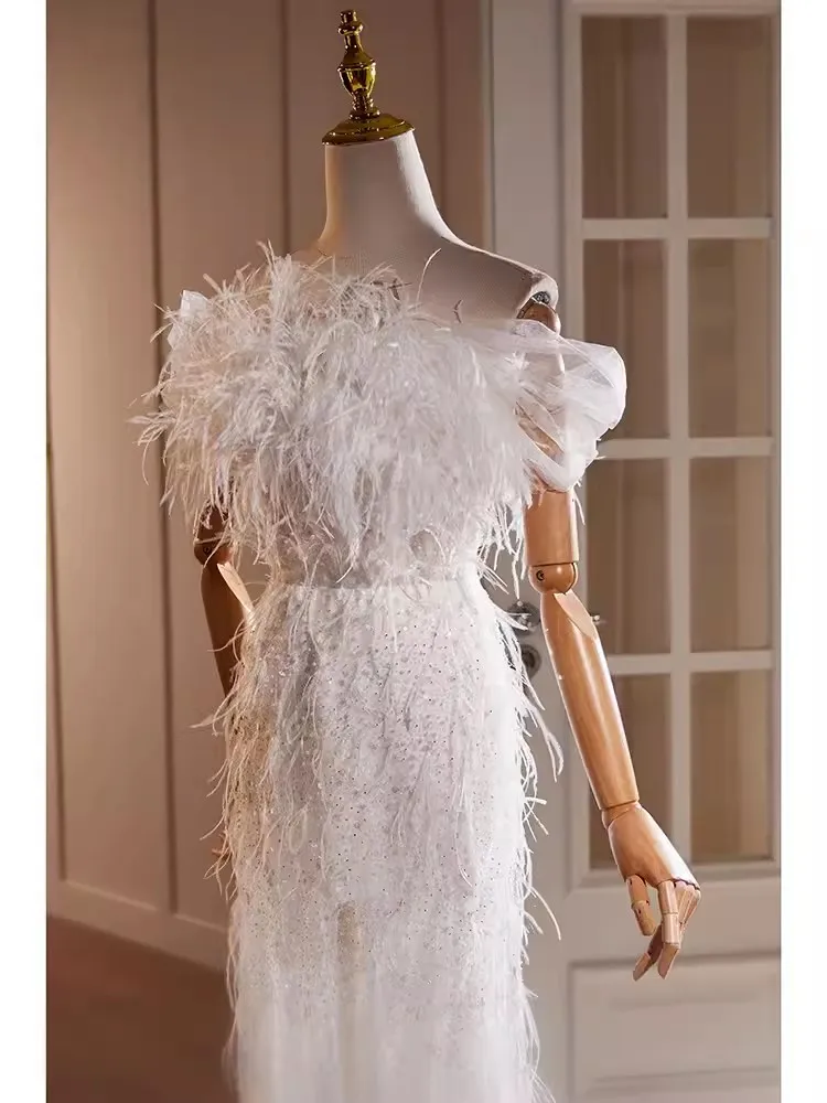 Personalizado Real Imagem Branco Árabe Mulheres Prom Party Dress Strapless Feather Comprimento do tornozelo Especial Ocasião Vestido Noite Formal