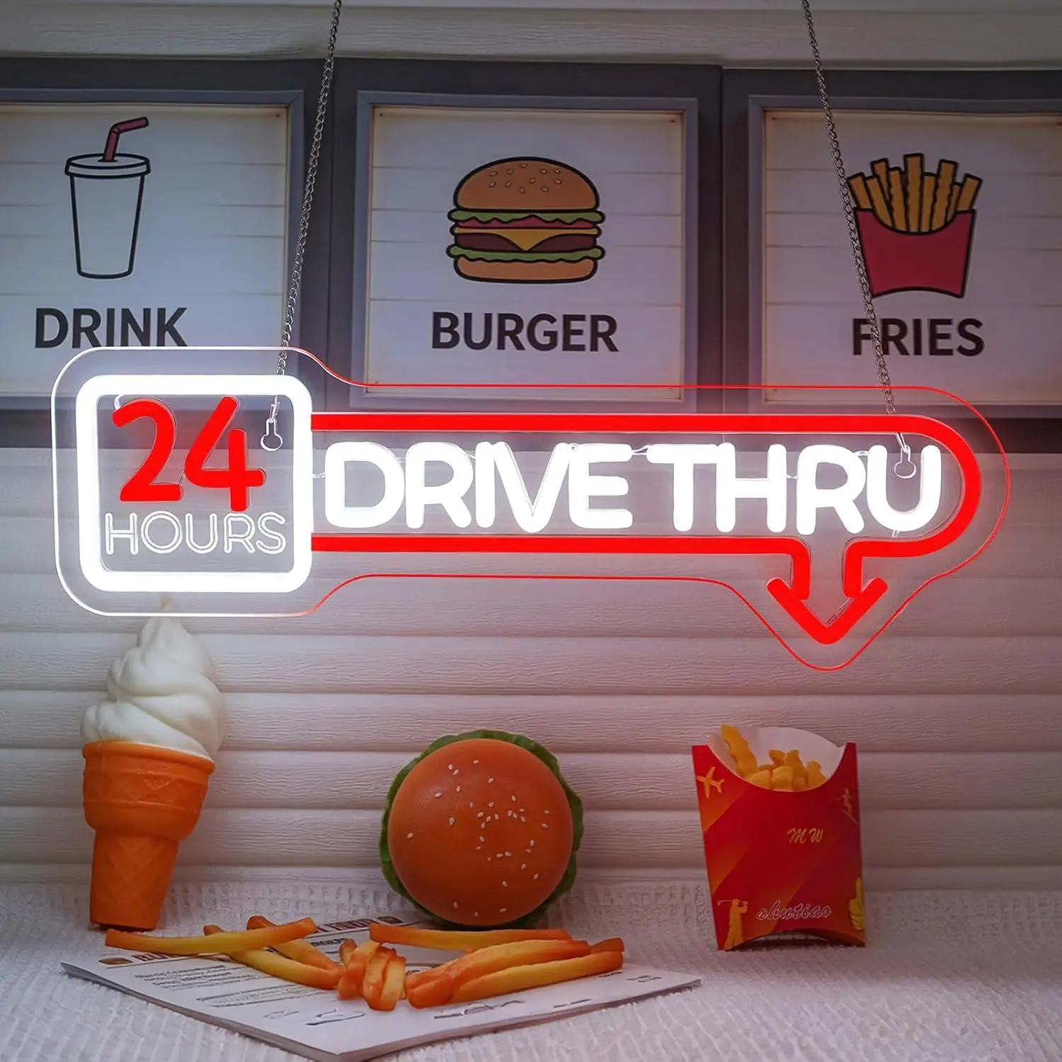 24 Drive Thru Neon Sign USB Dimmable LED Light for Fast Food Pizza Burger Bar Party Club Coffee Shop Salon Business Wall Decor