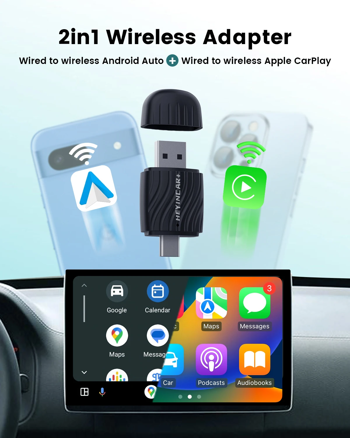 HEYINCAR 2 in 1 Interface Wireless CarPlay/Android Auto Wireless USB/TYPE-C Adapter Smart Mini Box Plug Fast Connect Universal