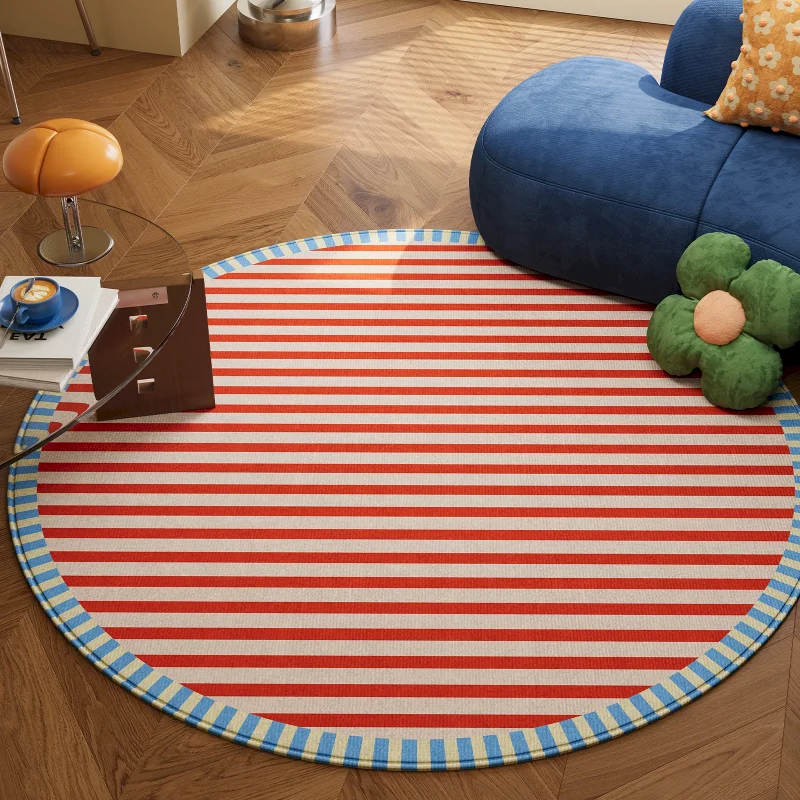 VIKAMA Red And White Striped Circular Carpet, Soft And Non Slip Area, Carpet Frame, Living Room Floor Mat, Home Decoration