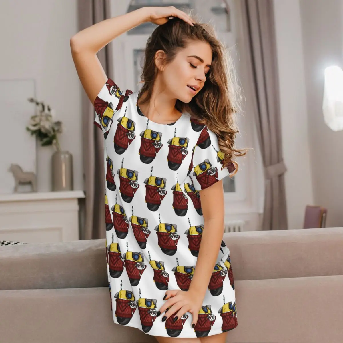 Borderlands Cozy Sweater Claptrap Short Sleeves Nightdress For Sleepshirts Women Short Sleeve Nightgowns Soft Pajama Dress
