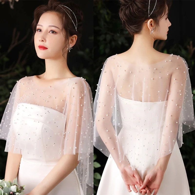 652F Women Sheer Tulle Pleated Wedding Shawl for Rhinestone Pearl Beaded White Capelet  Vintage High Low Shrug Wrap Cape for Up