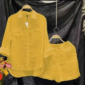 Women's long -sleeved white shirt set, cotton linen, casual fashion at home, summer, 2023 10 Main Sales Set Short Set - №5