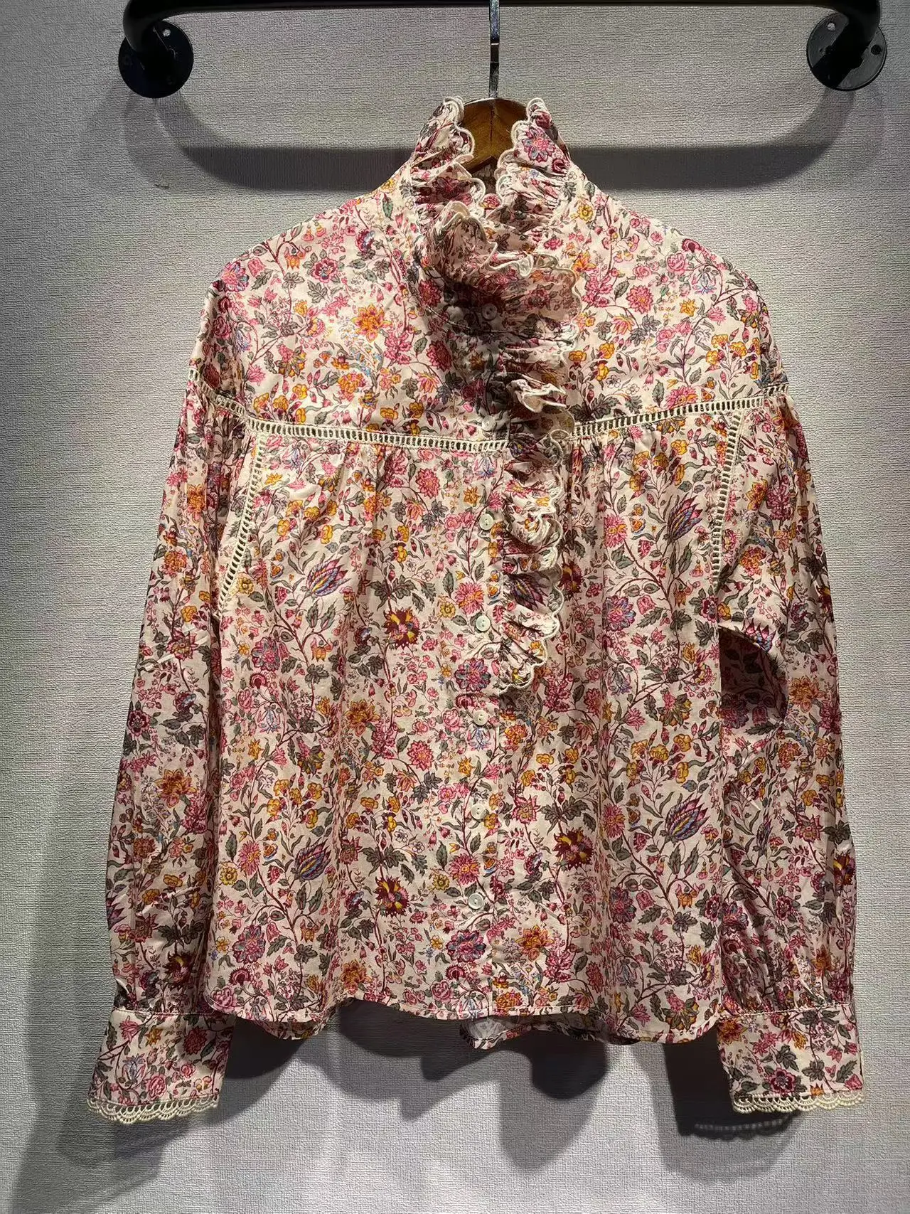 

French Sle Loose Floral Print Lantern Sve Women's irt Sweet Lace Hem Design Autumn Winter New Arrival 35