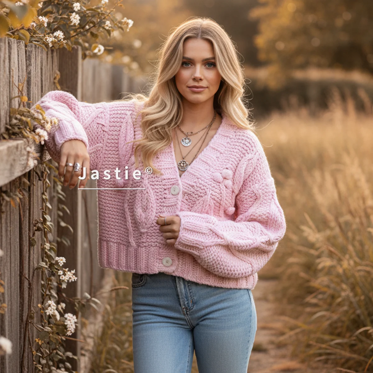 

2026 Autumn/Winter Women's Sweater Cardigan V-neck Long Sleeve Heavy Handmade Loose Bohemian Fashion Pink Knit Cardigan Coats