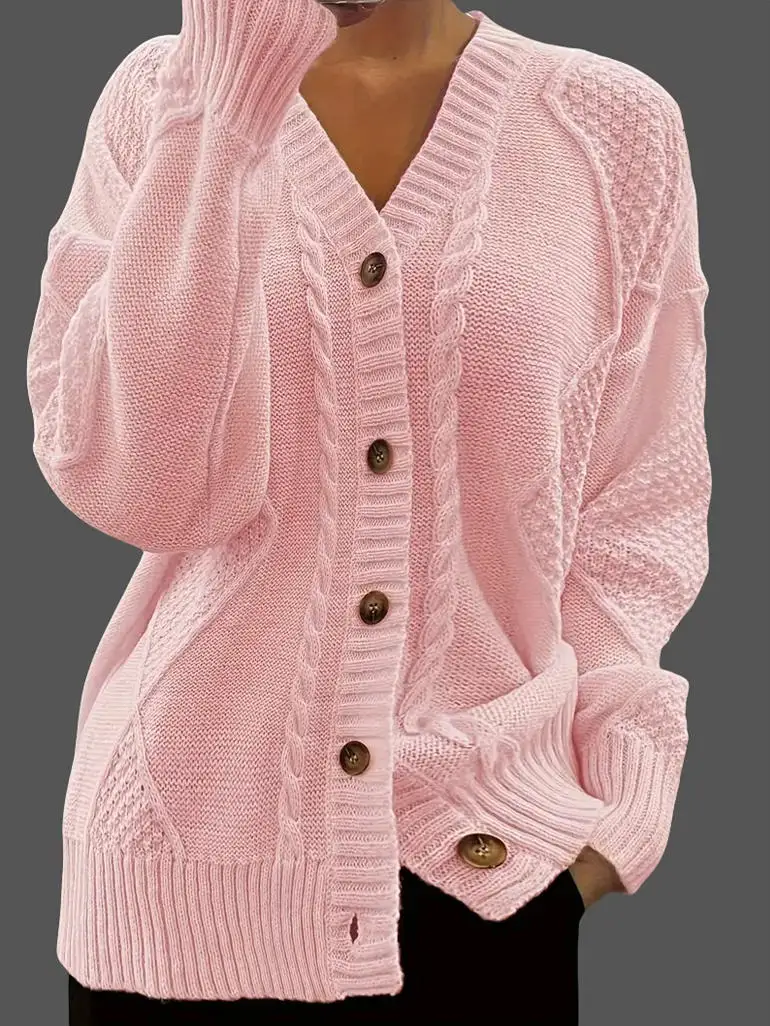 

Women's long sleeved knitted cardigan autumn and winter new item solid color long sleeved V-neck breasted sweater