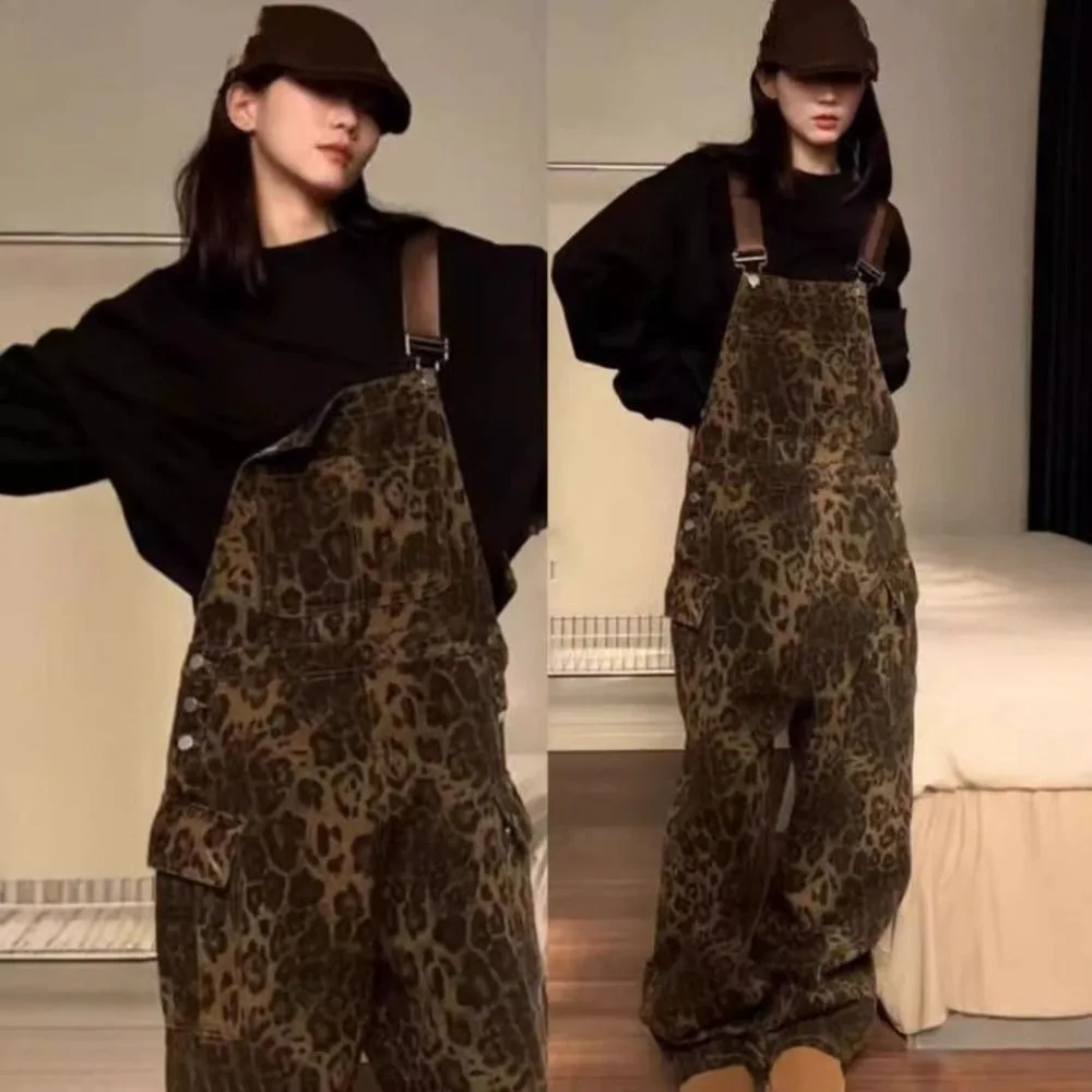 Moda baggy leopardo impressão macacão perna larga cintura alta macacão feminino y2k retro perna reta leopardo impressão calças senhora