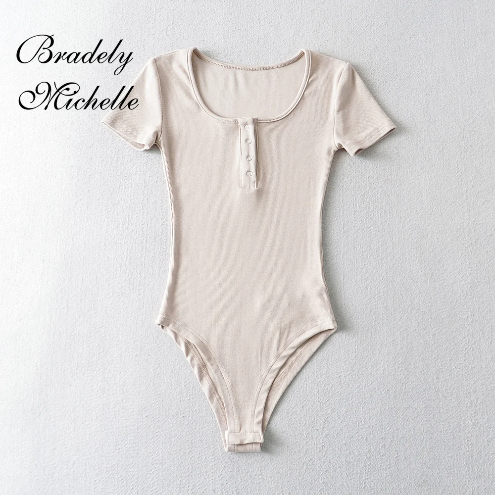 BRADELY MICHELLE Sexy Slim Thin Tops Solid Knit Short Sleeve Bottom Summer Bodysuits Women Summer Rompers