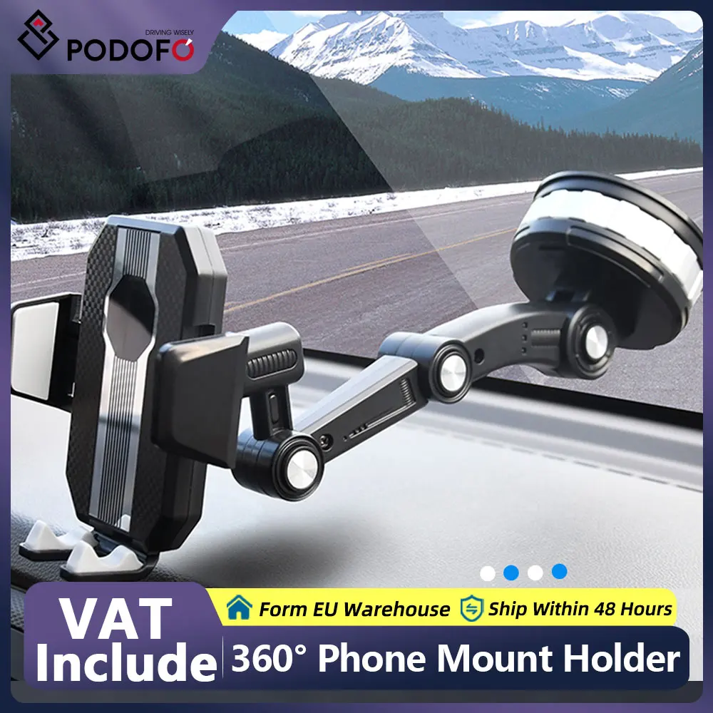 Podofo Universal Sucker Car Phone Holder 360° Windshield Car Dashboard Mobile Cell Support Bracket for 4.7-6.8inch Smartphones