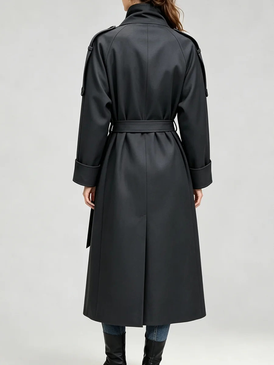 PUAL Women Long  Double Breasted Lapel Belt Waist Shoulder Strap Design Loose Elegant Windbreaker Office Lady Outerwear