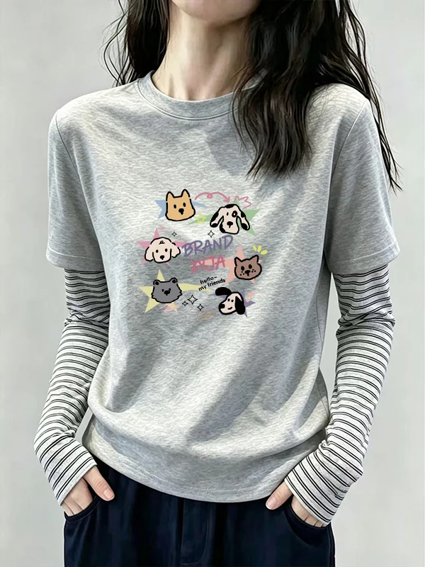 Gray Striped Color Block Long Sleeve T-Shirt Women's Spring Autumn Loose Fashionable round Neck Padded High Waist Polyester