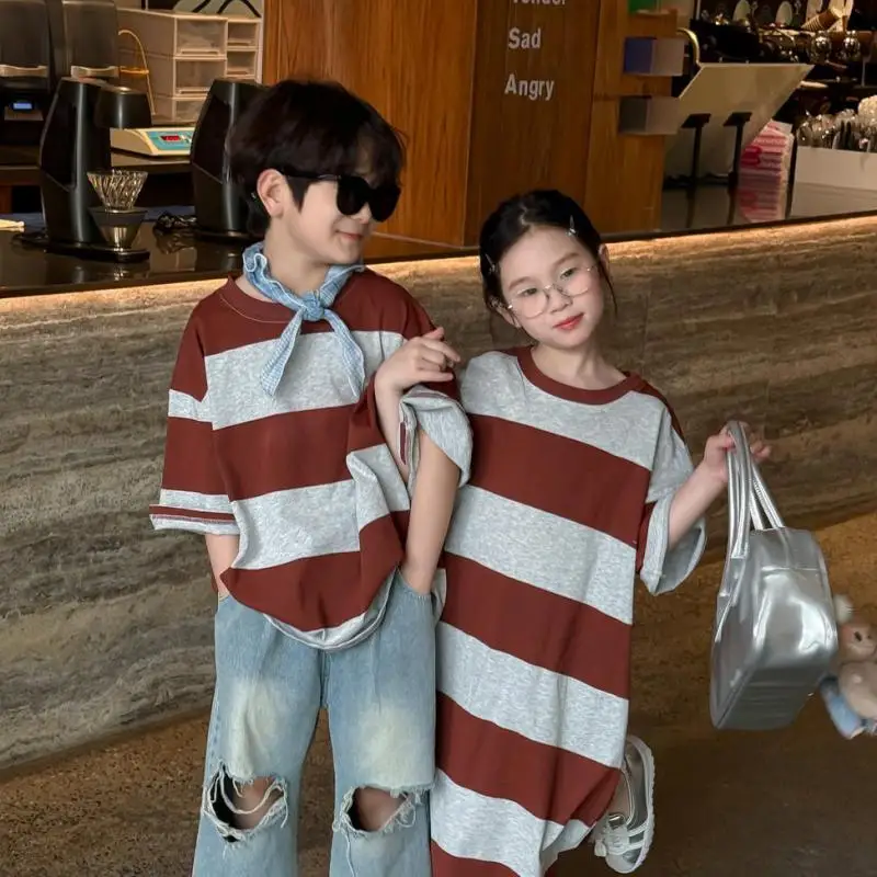 

Kids T Shirt 2-10 Years Summer Boys Girls Wide Stripe Casual Short Sleeve Loose Round Neck T Shirt Dress Sibling Matching Outfit