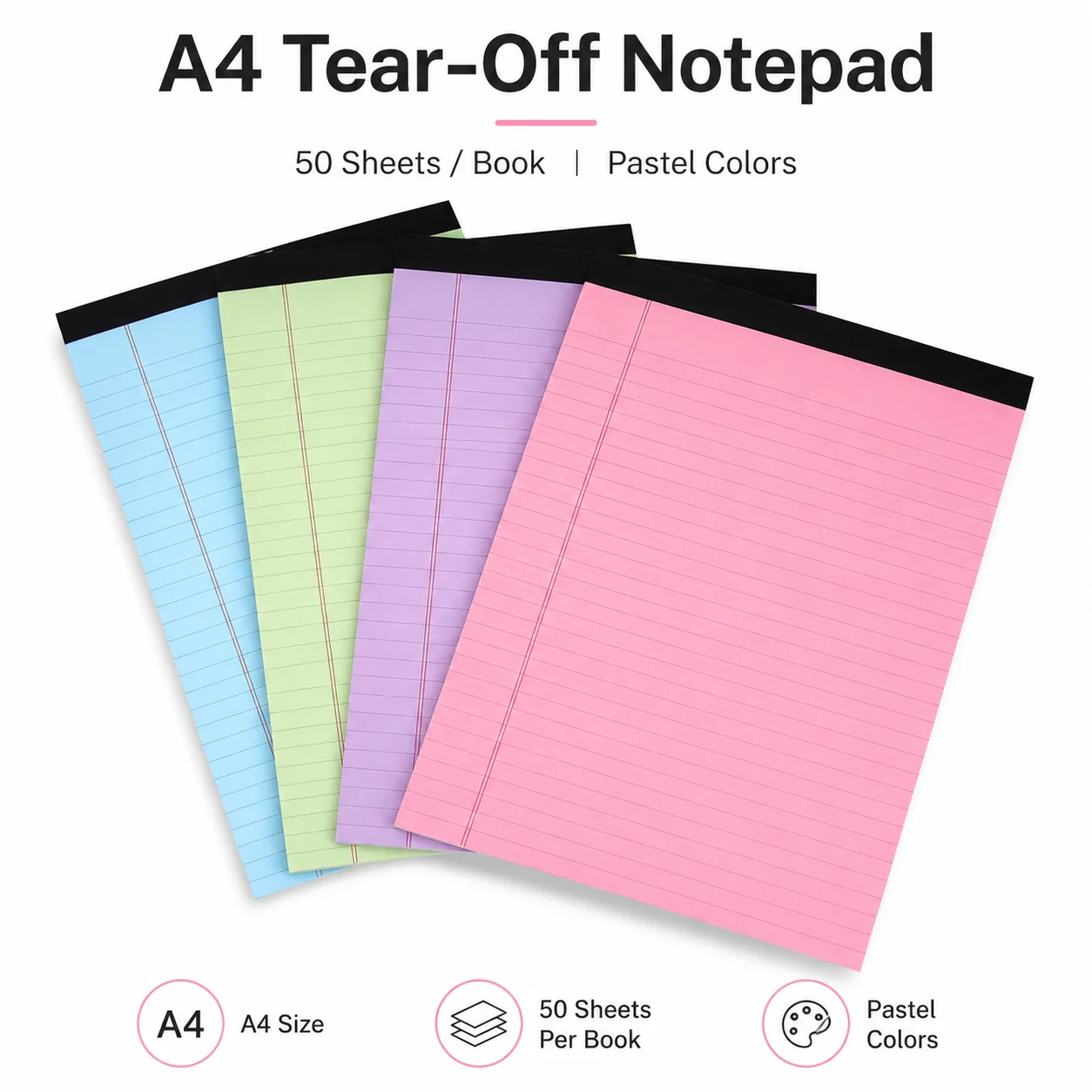Set of 4 A4 Tear-Off Lined Notepads, 50 Sheets Each, Assorted Pastel Colors, Writing Pads for School Office Study