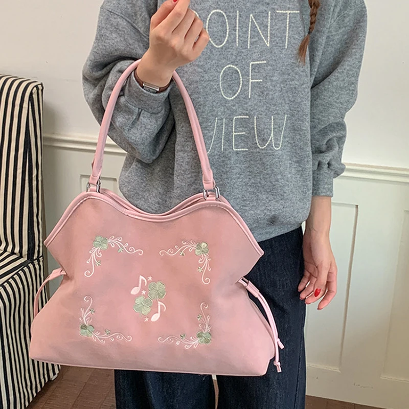 Koreanische Umhängetasche mit Kordelzug, ethnische Blumen- und Musiknoten-Stickerei, große Handtasche für Damen, Vintage-Handtasche für den Winter. – Detail 19