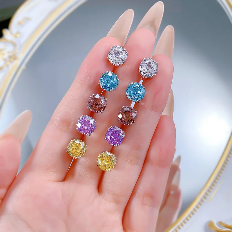 

925 Sterling Silver Polygon Multi-Color Rose Cut Cubic Zirconia Luxury Stud Earrings For Women Party Fine Jewelry Brincos Prata