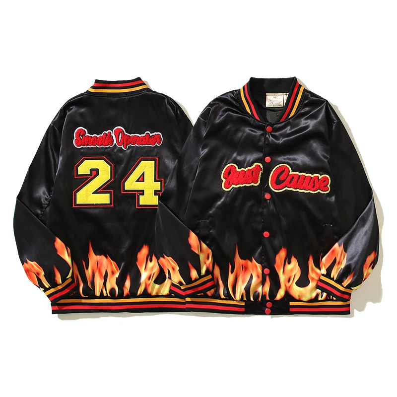 Mens Clothing Autumn and Winter Vintage Basketball Towel Embroidered Flame Print Sports Baseball Jacket ropa hombre