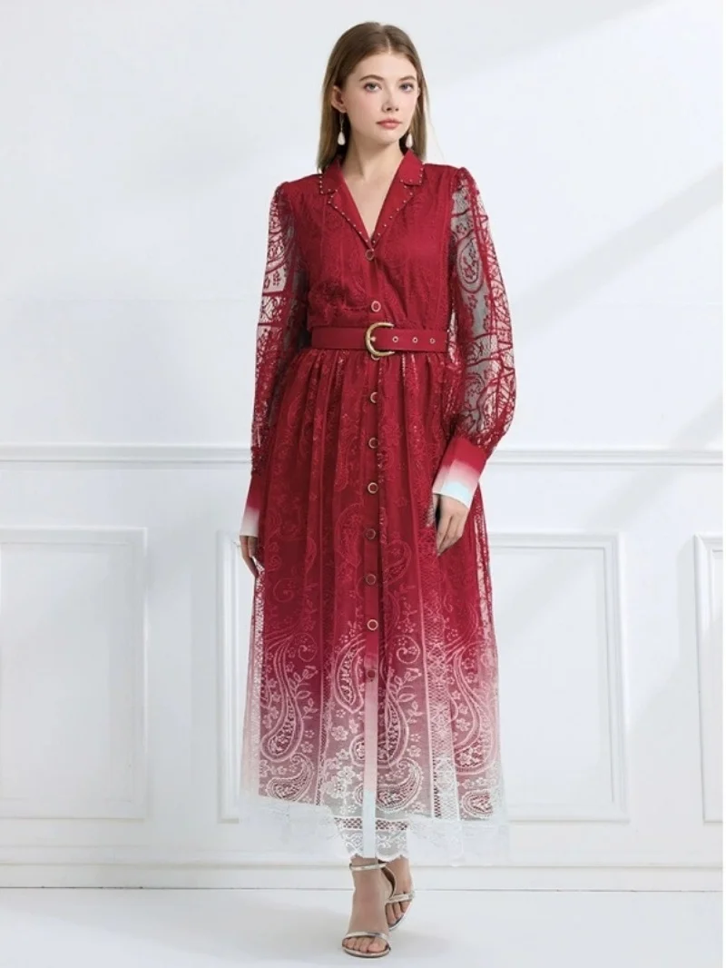 

Elegant Lace Embroidery Dress Autumn Clothing Women 2026 Lantern Sleeve Single Breasted Maxi Long Dresses Birthday Evening Dress