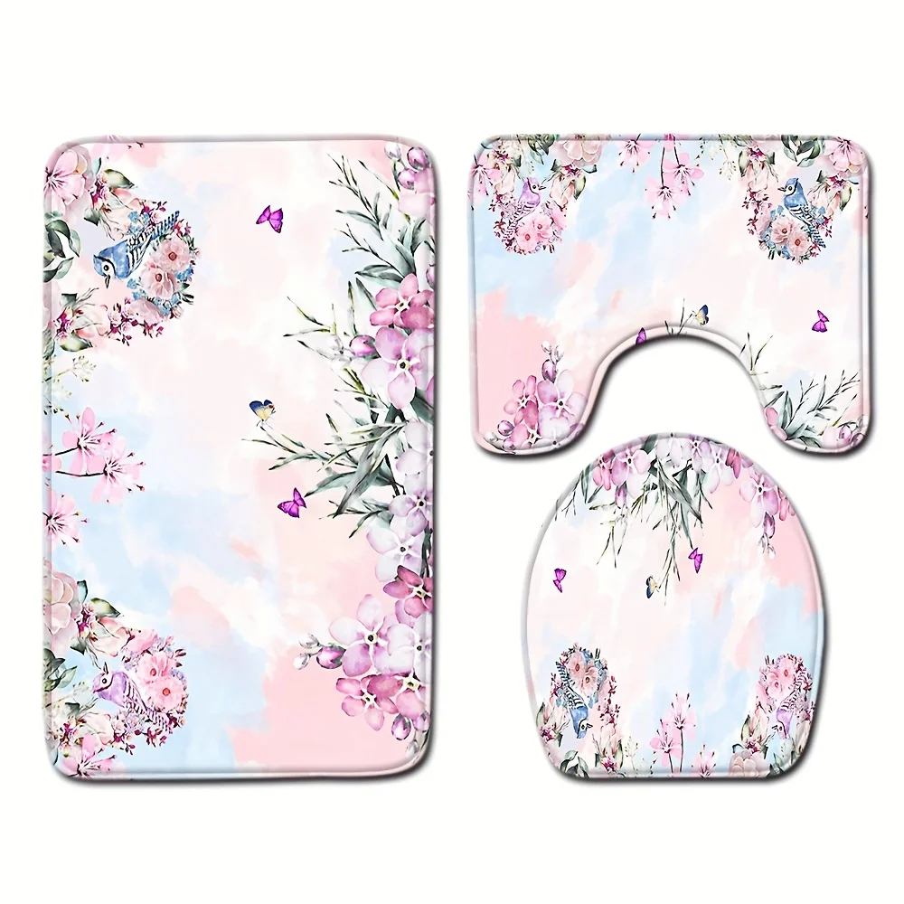 

Набор ковриков для ванной комнаты с цветочным принтом и бабочкой из 3 предметов — противоскользящий, можно стирать в машине, полиэстер, геометрический узор, толщина 0,47 дюйма, идеальный f