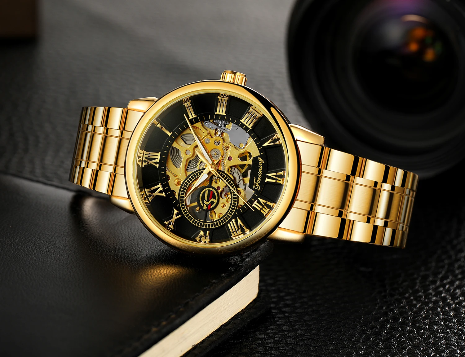 FORSINING الكلاسيكية الذهبي الجوف الرجال ساعات المعصم ساعة ميكانيكية الفولاذ المقاوم للصدأ الأرقام الرومانية مؤشرات مضيئة الهيكل العظمي على مدار الساعة