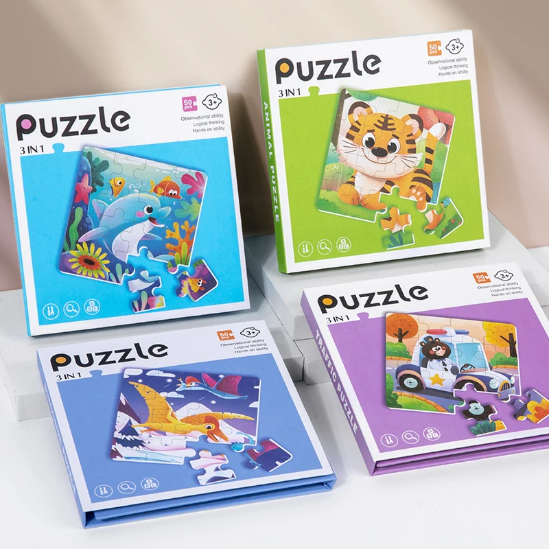 New 3 in 1 Wooden Puzzle Cartoon Animal Montessori Toy for Children Early Education Logical Thinking Training Puzzle Game