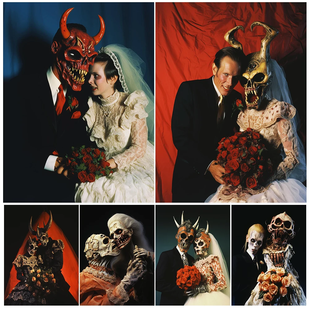 

Creepy Devil Newlyweds Abstract Wall Art Canvas Painting Devil Lover Gothic Photo Vintage Art Poster Print Home Decor Unframed