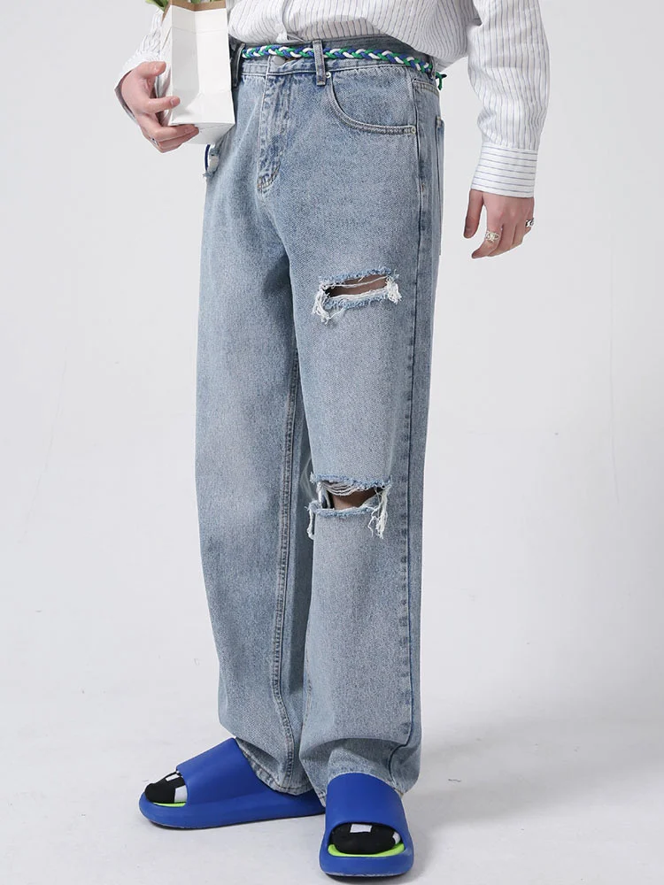 Straight Personality Tube Hole Jeans Solid Color Simple Menswear 2022 Spring New Korean Style Fashion Casual 2A1252