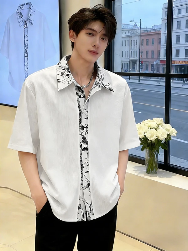 

Мужская рубашка с белой текстурной вышивкой, имитация двухслойности, с цветочным принтом, тонкая верхняя одежда, повседневная, дышащая, комфортная.