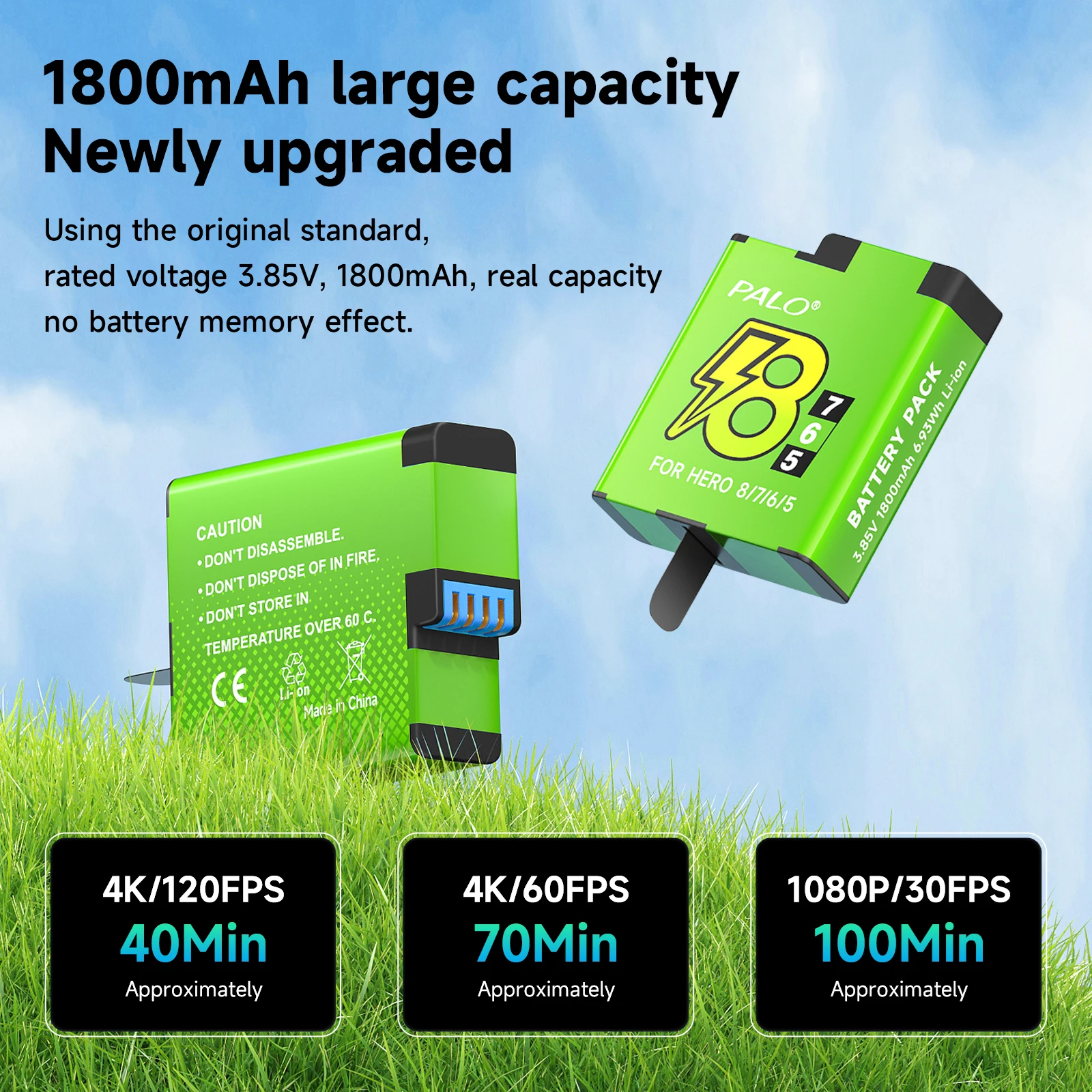 PALO 1800mAh for GoPro Hero 8 7 6 5 Camera Battery 3-Slots LCD USB Type C Fast Charging Charger for GoPro 5 6 7 8 Black Camera